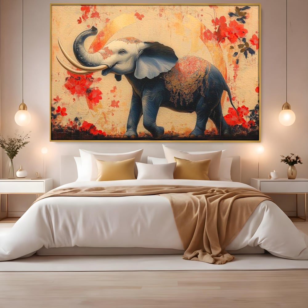 Tablou canvas cu tablou canvas cu elefant albastru, in rama de aluminiu auriu, pe perete intr-un dormitor
